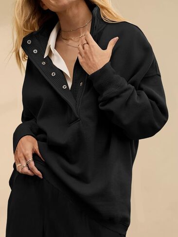 Fisoew Womens Oversized Sweatshirt Casual Snap Stand Collar Long Sleeve Pullover Tops Fall Travel Outfits in Saudi Arabia