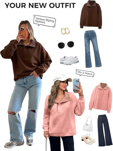 Fisoew Womens Oversized Sweatshirt Casual Snap Stand Collar Long Sleeve Pullover Tops Fall Travel Outfits in Saudi Arabia