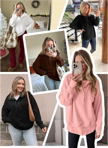 Fisoew Womens Oversized Sweatshirt Casual Snap Stand Collar Long Sleeve Pullover Tops Fall Travel Outfits in Saudi Arabia