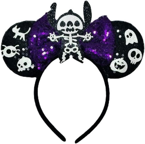 Halloween Mouse Ears Headbands for Women, Cute Skeleton Bows Hairbands for Adult, Glitter Costume Halloween Hair Accessory in Kuwait