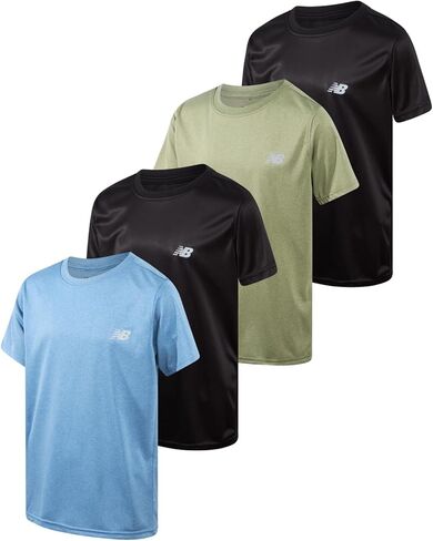 New Balance Boys' Active T-Shirts - 4 Pack Short Sleeve Crew Neck Athletic Performance Dry Fit Shirts for Boys (Sizes: 4-20), Size 18-20, Rain Space Sky Black in Kuwait