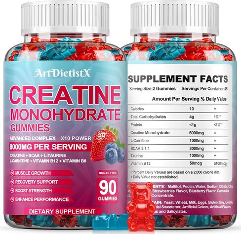 Creatine Monohydrate 8000mg Gummies with BCAA, L-Carnitine, Taurine & Vitamin B12 - Pre Workout Supplement for Muscle Growth, Strength & Energy, Multi-Flavor Chewable Gummies, 90 Count for Men & Women in Saudi Arabia