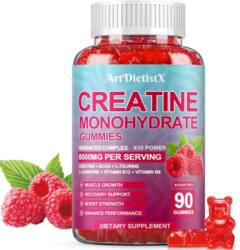 Creatine Monohydrate 8000mg Gummies with BCAA, L-Carnitine, Taurine & Vitamin B12 - Pre Workout Supplement for Muscle Growth, Strength & Energy, Multi-Flavor Chewable Gummies, 90 Count for Men & Women in Saudi Arabia