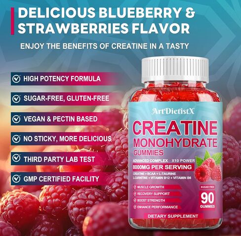 Creatine Monohydrate 8000mg Gummies with BCAA, L-Carnitine, Taurine & Vitamin B12 - Pre Workout Supplement for Muscle Growth, Strength & Energy, Multi-Flavor Chewable Gummies, 90 Count for Men & Women in Saudi Arabia