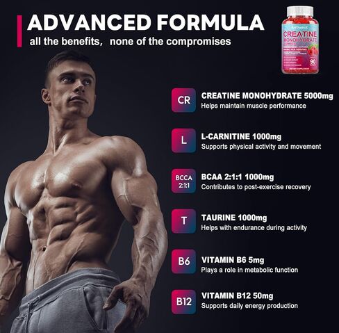 Creatine Monohydrate 8000mg Gummies with BCAA, L-Carnitine, Taurine & Vitamin B12 - Pre Workout Supplement for Muscle Growth, Strength & Energy, Multi-Flavor Chewable Gummies, 90 Count for Men & Women in Saudi Arabia