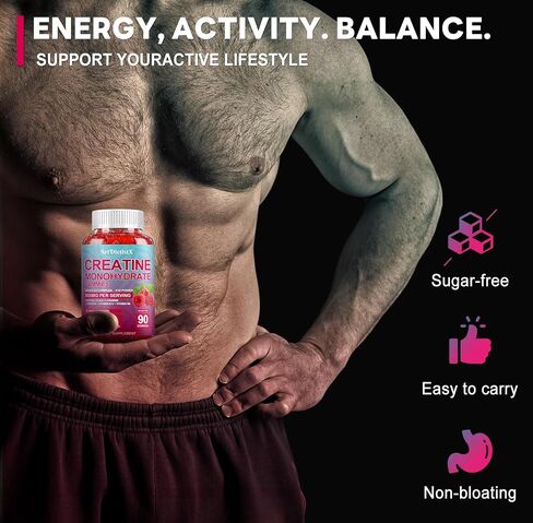 Creatine Monohydrate 8000mg Gummies with BCAA, L-Carnitine, Taurine & Vitamin B12 - Pre Workout Supplement for Muscle Growth, Strength & Energy, Multi-Flavor Chewable Gummies, 90 Count for Men & Women in Saudi Arabia