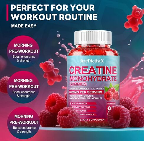 Creatine Monohydrate 8000mg Gummies with BCAA, L-Carnitine, Taurine & Vitamin B12 - Pre Workout Supplement for Muscle Growth, Strength & Energy, Multi-Flavor Chewable Gummies, 90 Count for Men & Women in Saudi Arabia