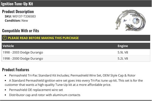 W0137-T336583 TUNKITION KIT ، مجموعة سلك شرارة ، غطاء الموزع والدوار ، متوافق مع 1998-2003 DODGE DURANGO V8 in Saudi Arabia