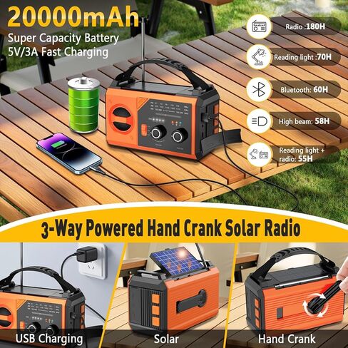 20000mAh Emergency Weather Radio with Wireless Speaker, 74000mWh NOAA AM FM Hand Crank Solar Radio with Flashlight Cell Phone Charger Compass SOS Reading Lamp for Camping and Survival (Green) in Kuwait