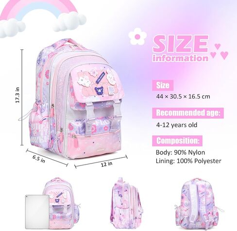 Girls Backpack for Elementary School,Multi Pocket Pink School Backpack for Girls 8-10 Lightweight Kawaii Waterproof 16 inch in Kuwait