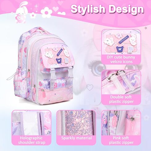 Girls Backpack for Elementary School,Multi Pocket Pink School Backpack for Girls 8-10 Lightweight Kawaii Waterproof 16 inch in Kuwait