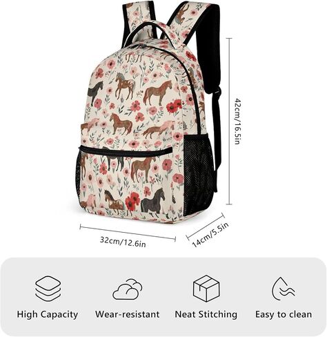 KOYI Horse Backpack Girls Horse with Floral Flowers Backpack for Girls, Kids Horse Backpack for School Travel, Cute Horse Stuff for Girls, Elementary Boys Girls School Backpack, 16.5 Inch, Apricot in Saudi Arabia