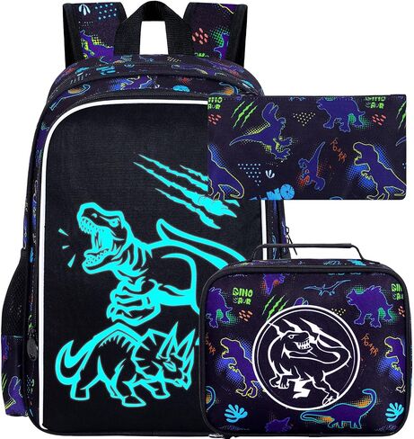 حقيبة الظهر ufndc 3pcs boys dinosaur ، حقيبة كتب تمويه الأطفال مع صندوق غداء ، 17 بوصة مقاومة للمراهقات في سن المراهقة. in Kuwait