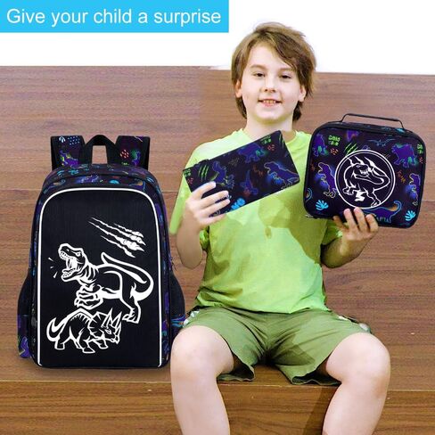 حقيبة الظهر ufndc 3pcs boys dinosaur ، حقيبة كتب تمويه الأطفال مع صندوق غداء ، 17 بوصة مقاومة للمراهقات في سن المراهقة. in Kuwait