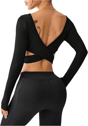 Sweatyrocks Criss Criss Cross مفتوحة الظهر القميص الرياضي طويل الأكمام مغرفة قميص تجريب محصول in Kuwait
