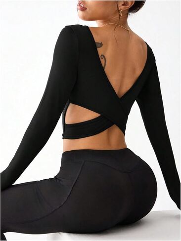 Sweatyrocks Criss Criss Cross مفتوحة الظهر القميص الرياضي طويل الأكمام مغرفة قميص تجريب محصول in Kuwait