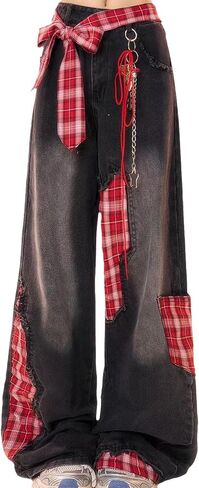 Women's Loose Casual Pants American y2k Retro Street Style Bow tie Splicing Checkered Black Slim fit Wide Leg Jeans in Saudi Arabia