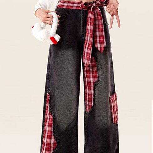 Women's Loose Casual Pants American y2k Retro Street Style Bow tie Splicing Checkered Black Slim fit Wide Leg Jeans in Saudi Arabia