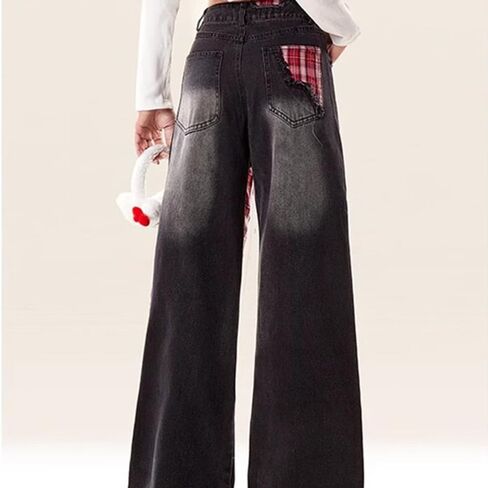 Women's Loose Casual Pants American y2k Retro Street Style Bow tie Splicing Checkered Black Slim fit Wide Leg Jeans in Saudi Arabia