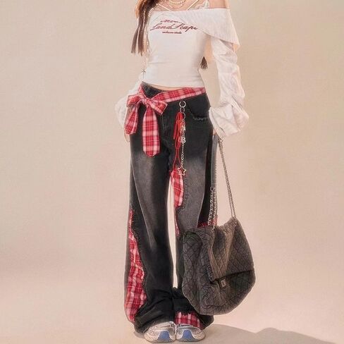 Women's Loose Casual Pants American y2k Retro Street Style Bow tie Splicing Checkered Black Slim fit Wide Leg Jeans in Saudi Arabia