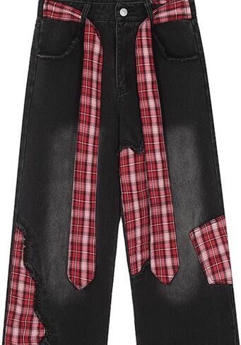 Women's Loose Casual Pants American y2k Retro Street Style Bow tie Splicing Checkered Black Slim fit Wide Leg Jeans in Saudi Arabia