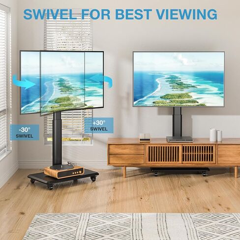YOMT Floor TV Stand with Power Outlet, Universal TV Stand for 32-70 inch TV, Swivel Rolling Height Adjustable Portable TV Stand on Wheels, Modern Mobile Wood Base Black TV Stand in Kuwait