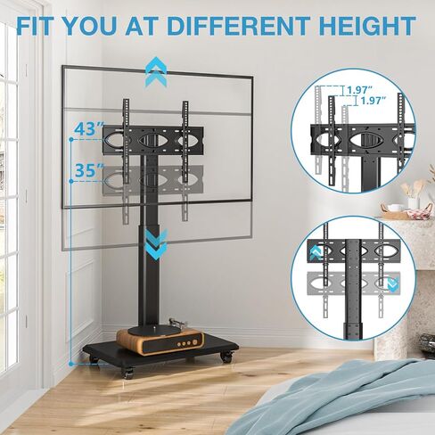 YOMT Floor TV Stand with Power Outlet, Universal TV Stand for 32-70 inch TV, Swivel Rolling Height Adjustable Portable TV Stand on Wheels, Modern Mobile Wood Base Black TV Stand in Kuwait
