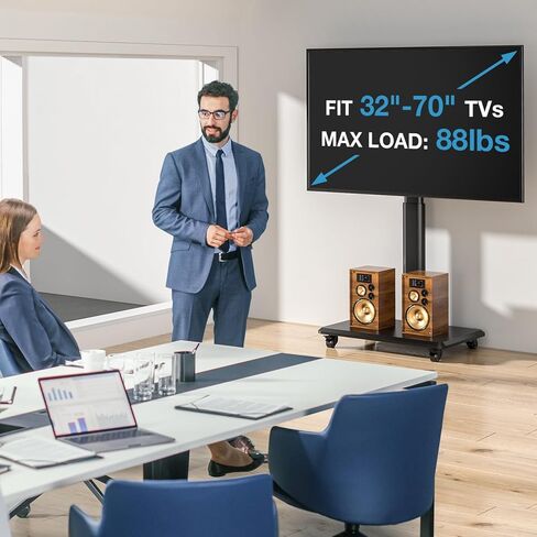 YOMT Floor TV Stand with Power Outlet, Universal TV Stand for 32-70 inch TV, Swivel Rolling Height Adjustable Portable TV Stand on Wheels, Modern Mobile Wood Base Black TV Stand in Kuwait