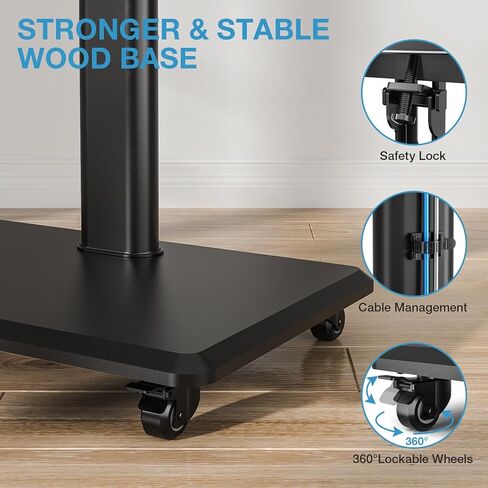 YOMT Floor TV Stand with Power Outlet, Universal TV Stand for 32-70 inch TV, Swivel Rolling Height Adjustable Portable TV Stand on Wheels, Modern Mobile Wood Base Black TV Stand in Kuwait