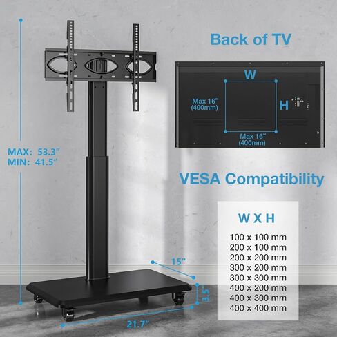 YOMT Floor TV Stand with Power Outlet, Universal TV Stand for 32-70 inch TV, Swivel Rolling Height Adjustable Portable TV Stand on Wheels, Modern Mobile Wood Base Black TV Stand in Kuwait