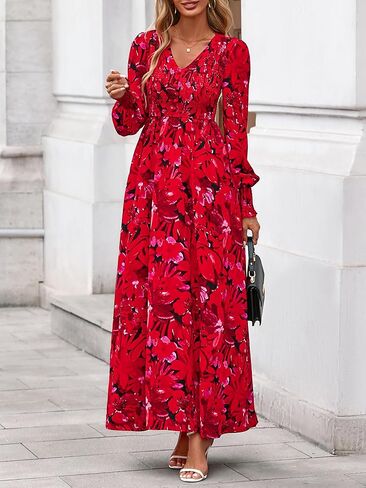 BTFBM Women Fall Wedding Guest Maxi Dresses 2025 Floral v Neck Long Long Boho Long Dress Faction in Saudi Arabia