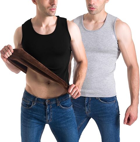 Flygo 2 Pack Thermal Tank Top Men Cotton Winter Dark Fleece مبطن ملابس داخلية أكمام in Kuwait