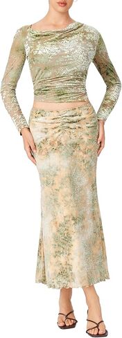 تنانير عالي الخصر نبيذ التفاح للنساء تنورة حوريات البحر ذيل السمكة ruched bodycon طويلة maxi تنورة الخس in Kuwait