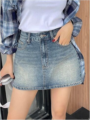 Floerns نساء عالية الصراحة ميني جينز تنورة عارضة خط جان تنانير مع جيب in Kuwait