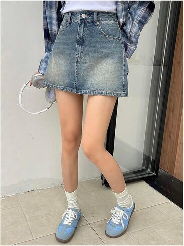 Floerns نساء عالية الصراحة ميني جينز تنورة عارضة خط جان تنانير مع جيب in Kuwait