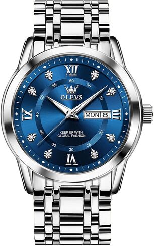 OLEVS Men's Stainless Steel Watch, Large Face Roman Numerals Diamond Accented Three-Hand Analog Quartz Watches for Men, Easy to Read Day Date Waterproof Luminous Mens Wristwatch in Saudi Arabia