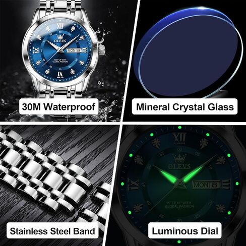 OLEVS Men's Stainless Steel Watch, Large Face Roman Numerals Diamond Accented Three-Hand Analog Quartz Watches for Men, Easy to Read Day Date Waterproof Luminous Mens Wristwatch in Saudi Arabia