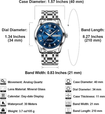 OLEVS Men's Stainless Steel Watch, Large Face Roman Numerals Diamond Accented Three-Hand Analog Quartz Watches for Men, Easy to Read Day Date Waterproof Luminous Mens Wristwatch in Saudi Arabia
