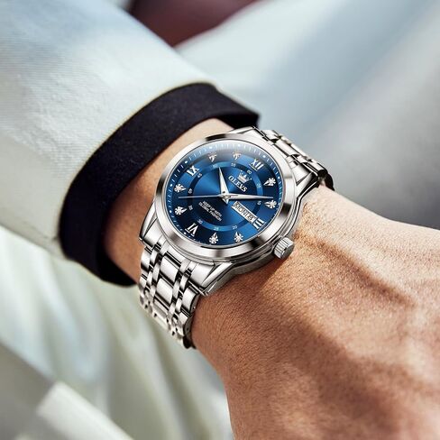 OLEVS Men's Stainless Steel Watch, Large Face Roman Numerals Diamond Accented Three-Hand Analog Quartz Watches for Men, Easy to Read Day Date Waterproof Luminous Mens Wristwatch in Saudi Arabia
