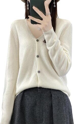 100 ٪ ميرينو الصوف سترات النساء خريف الخريف شتاء كارديجان v-neck مثير الأكمام الطويلة جديدة بسيطة (015) in Kuwait