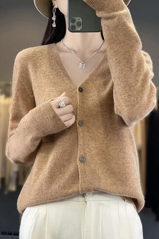 100 ٪ ميرينو الصوف سترات النساء خريف الخريف شتاء كارديجان v-neck مثير الأكمام الطويلة جديدة بسيطة (015) in Kuwait