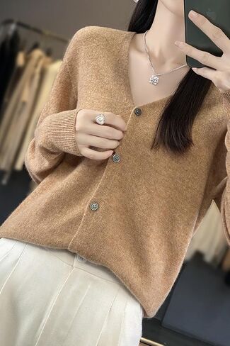 100 ٪ ميرينو الصوف سترات النساء خريف الخريف شتاء كارديجان v-neck مثير الأكمام الطويلة جديدة بسيطة (015) in Kuwait