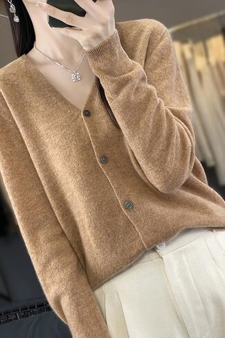 100 ٪ ميرينو الصوف سترات النساء خريف الخريف شتاء كارديجان v-neck مثير الأكمام الطويلة جديدة بسيطة (015) in Kuwait