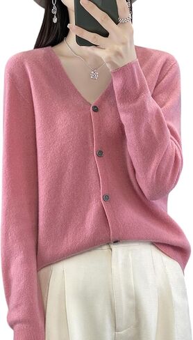 100 ٪ ميرينو الصوف سترات النساء خريف الخريف شتاء كارديجان v-neck مثير الأكمام الطويلة جديدة بسيطة (015) in Kuwait
