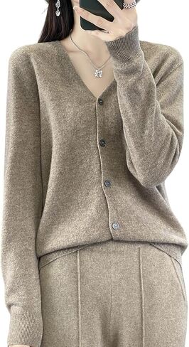 100 ٪ ميرينو الصوف سترات النساء خريف الخريف شتاء كارديجان v-neck مثير الأكمام الطويلة جديدة بسيطة (015) in Kuwait