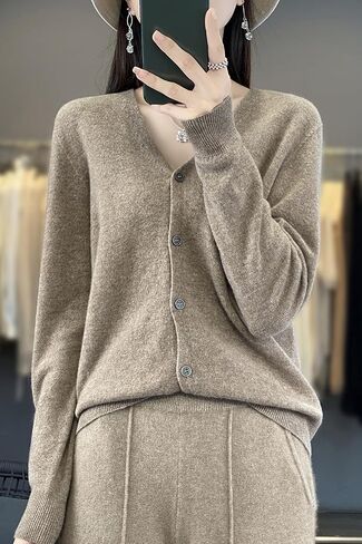 100 ٪ ميرينو الصوف سترات النساء خريف الخريف شتاء كارديجان v-neck مثير الأكمام الطويلة جديدة بسيطة (015) in Kuwait