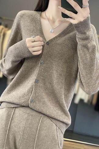 100 ٪ ميرينو الصوف سترات النساء خريف الخريف شتاء كارديجان v-neck مثير الأكمام الطويلة جديدة بسيطة (015) in Kuwait