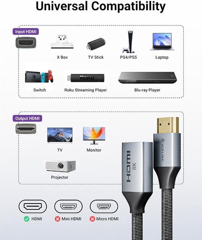 Cable Vcelink 8k HDMI تمديد 0.6 قدم ، HDMI 2.1 ذكر إلى سلك امتداد محول الإناث ، متوافق مع عصا التلفزيون ، HDTV ، وحدة التحكم في اللعبة ، الكمبيوتر المحمول ، عبوة واحدة in Kuwait