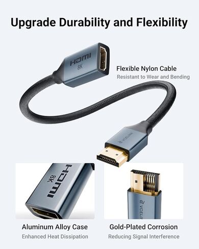 Cable Vcelink 8k HDMI تمديد 0.6 قدم ، HDMI 2.1 ذكر إلى سلك امتداد محول الإناث ، متوافق مع عصا التلفزيون ، HDTV ، وحدة التحكم في اللعبة ، الكمبيوتر المحمول ، عبوة واحدة in Kuwait