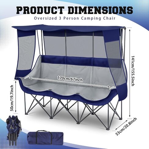 3 Person Camping Chair with Canopy Shade Folding Outdoor Oversized Camping Chair for 2-3 Person, Sturdy Loveseat Couch with Cup Holder and Carry Bag for Lawn Camp Beach Sports in Kuwait